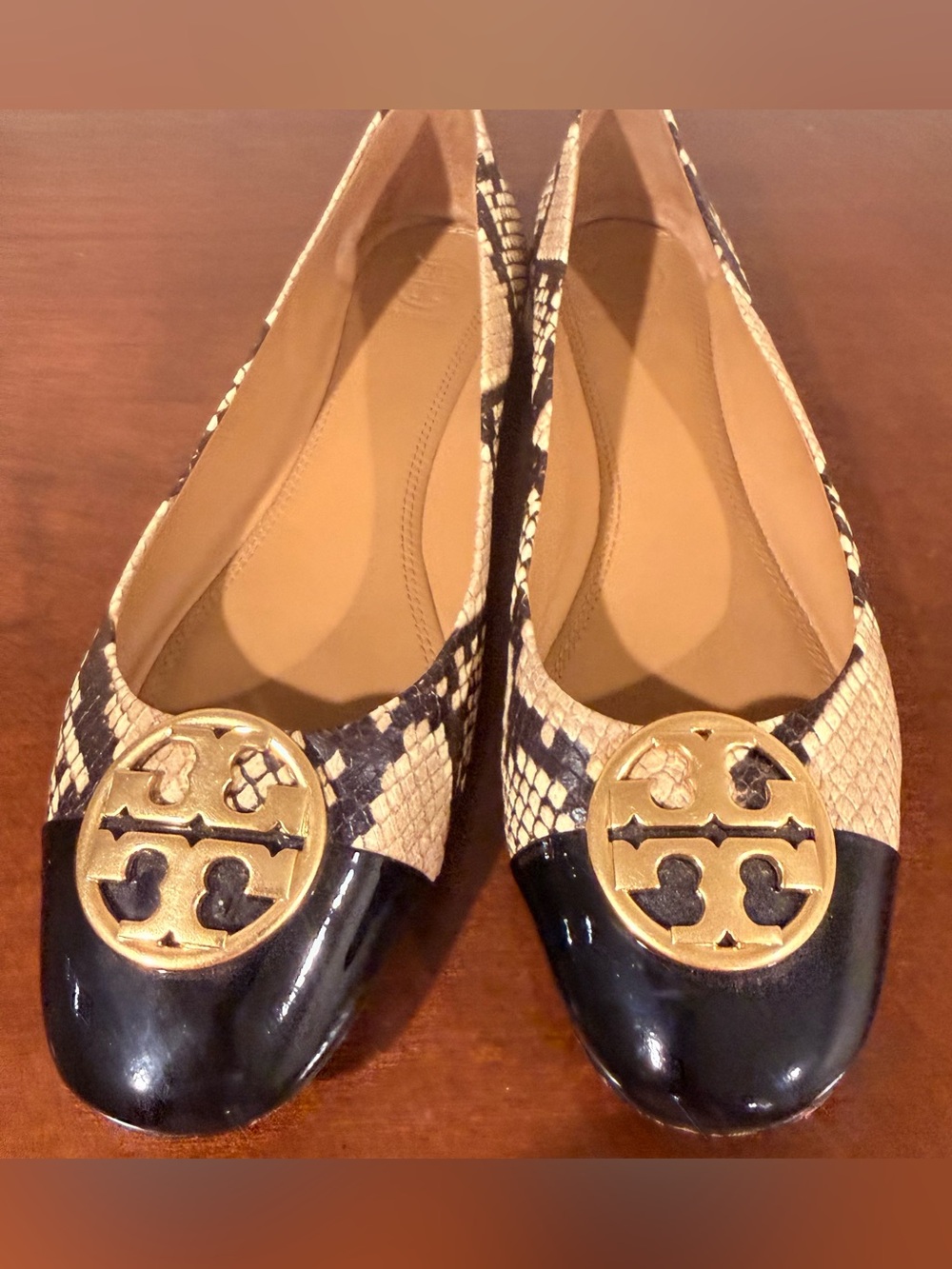 Tory Burch Black & Beige Snake-Print Cap-Toe Flats with Gold Emblem